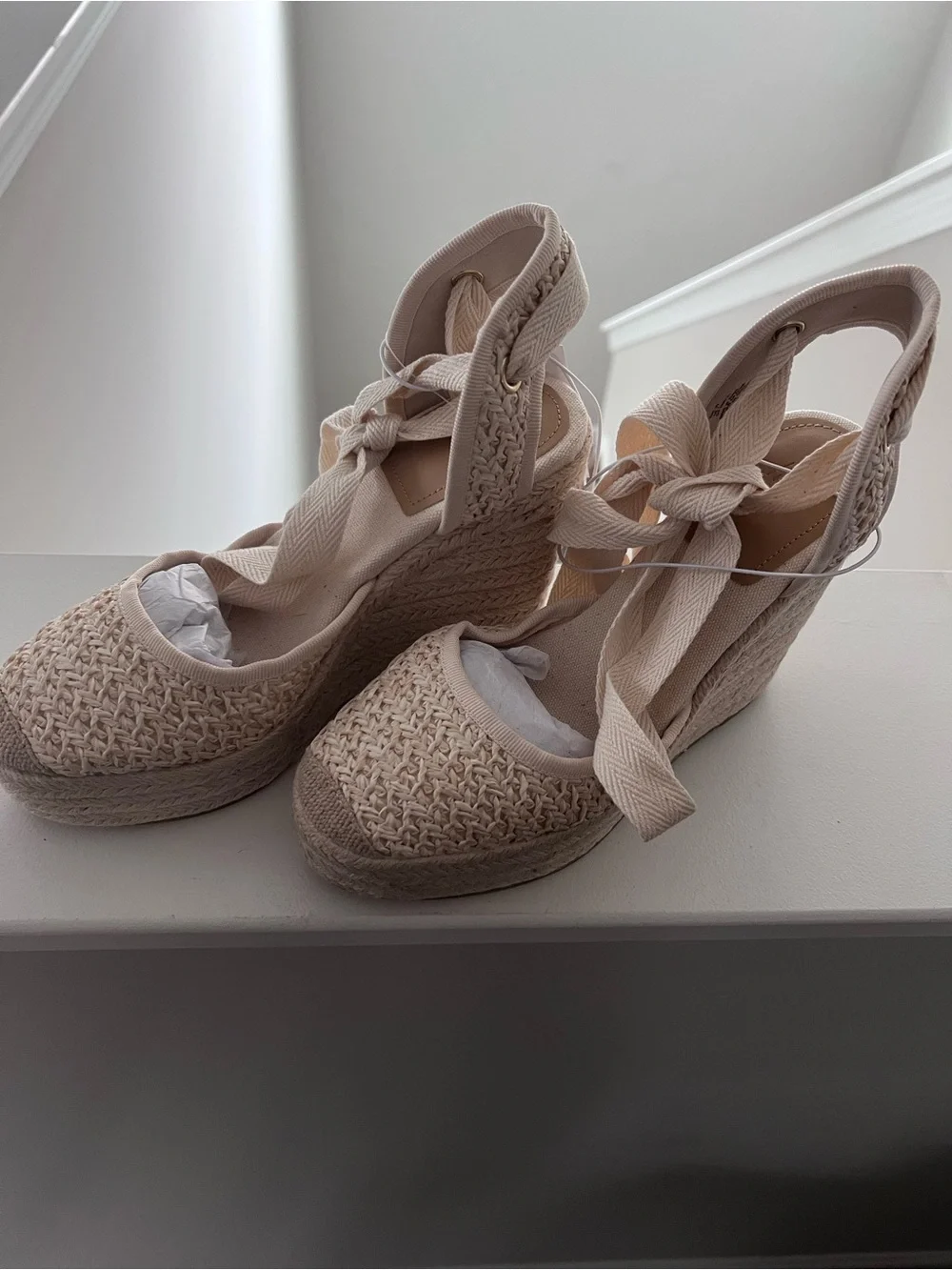 Cream Espadrille Wedge Sandals with Ankle Tie